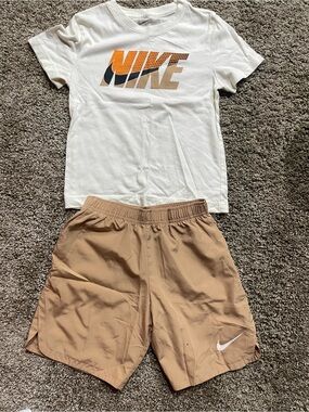 Nike White Tee with Orange Accents & Tan Shorts